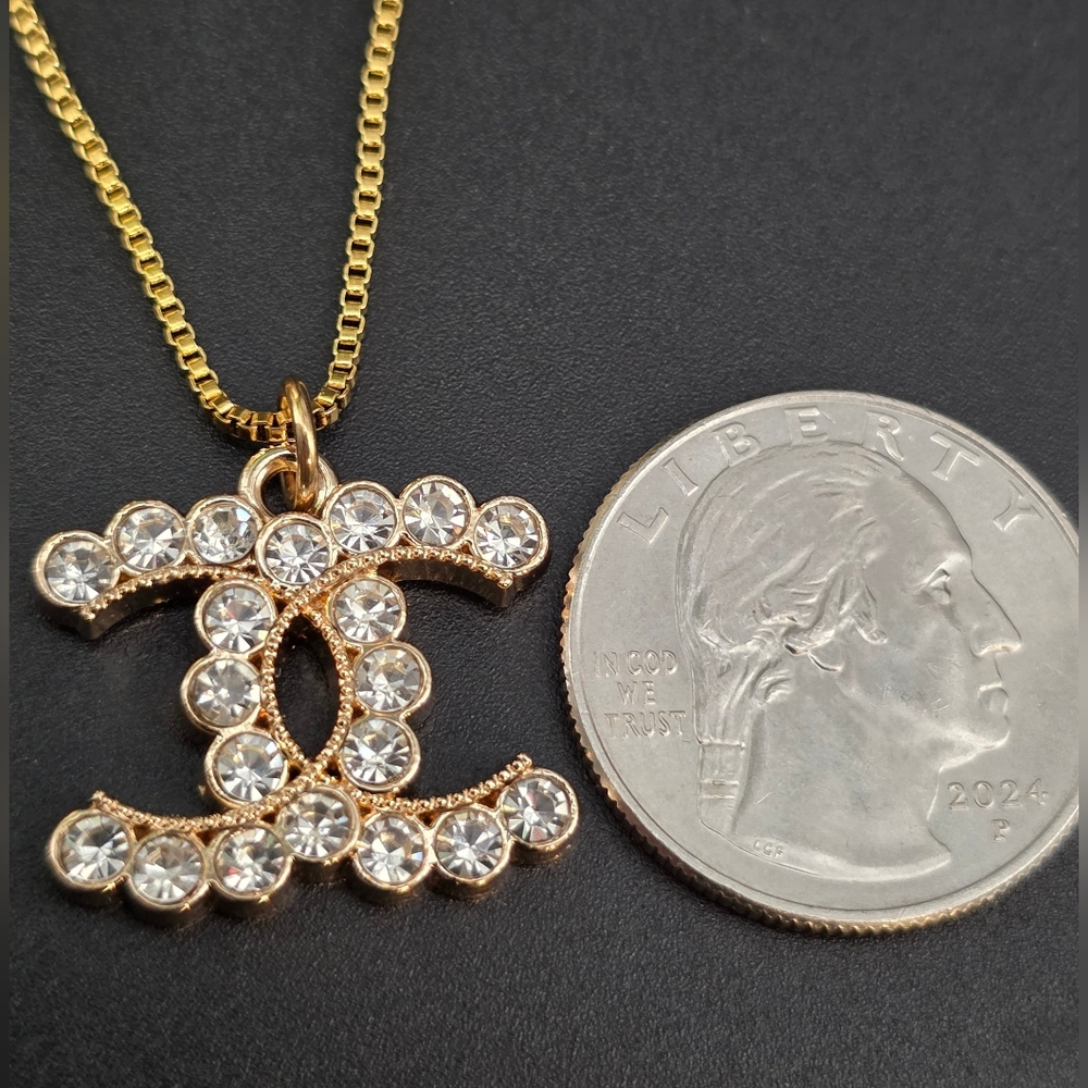 CHANEL Double C Pendant Necklace Clear Stones. 18k PVD Box Chain ( SS)